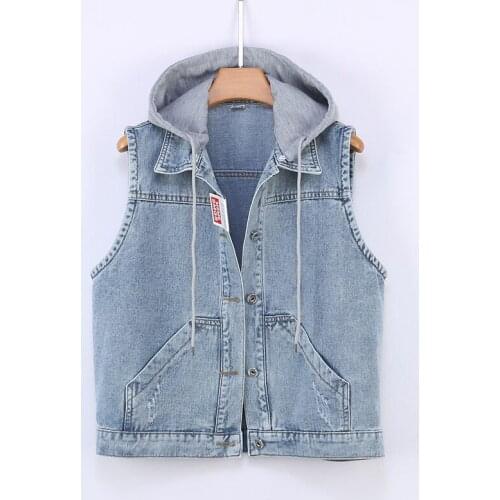 Spring Summer Shorts Women Frayed Big pockets Removable Hooded Denim vest Mujer Harajuku Plus size Light blue Sleeveless jacket