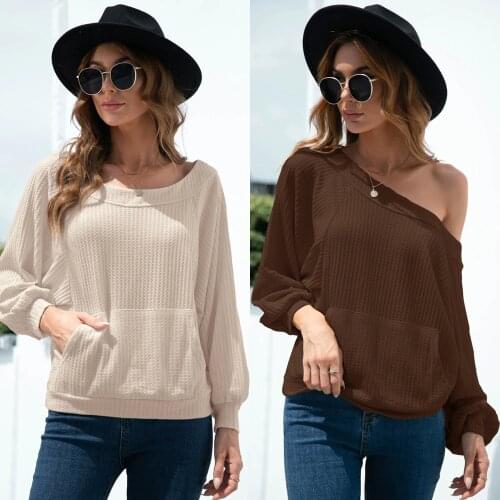 Women T-Shirts Long Sleeve Sexy Off The Shoulder Backless Pockets Solid Color Loose Style Knitted Female Blouse Tops Tee C2868
