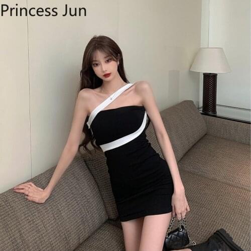 Women New Sexy Off Shoulder Slim Tube Black Dress Mix Color Long Sleeve Slash Neck Mini Party Dress Bodycon Strap Hot Club Dress