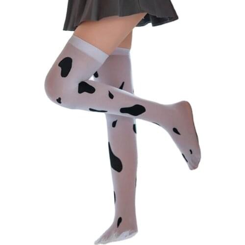 Women Sexy Cow Spotted Print Thigh High Stockings Kawaii Lolita Silky Over the Knee Long Socks Hosiery Anime Cosplay Costume Acc