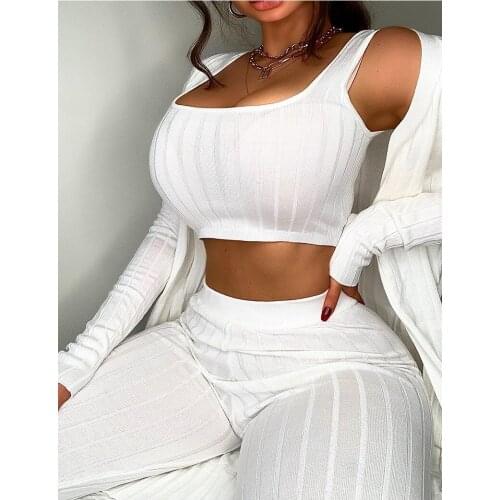 RMSFE 2021 Ladies Long Sleeved Cardigan Sleeveless Vest High Bullet Hole Strip Leisure Tight Sexy Nightclub Three Piece Set