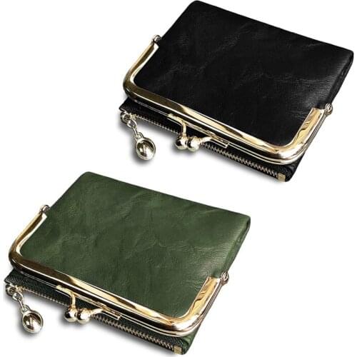 2 Pcs WomenS Short Wallet Bifold Retro Multifunction Coin Purse with Zip and Kiss Lock, Green & Black