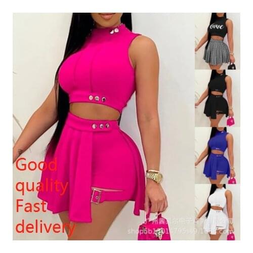 2021 Casual Wear Womens Sleeveless Short Top and Mini Skirt Sexy Two-piece Summer Sleeveless Pleated Skirt Short Set