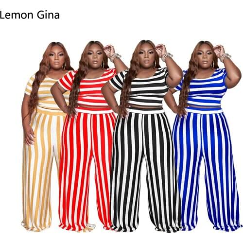 Lemon Gina Summer 2021 New Plus-size Womens Fashion Striped Plus-size Wide-leg Casual Suit