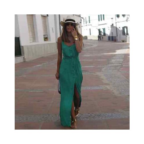 2019 Casual Summer Dress Sleeveless Women Maxi Long Dresses Green V-Neck High Waist Front Wrap Women Beach Dress
