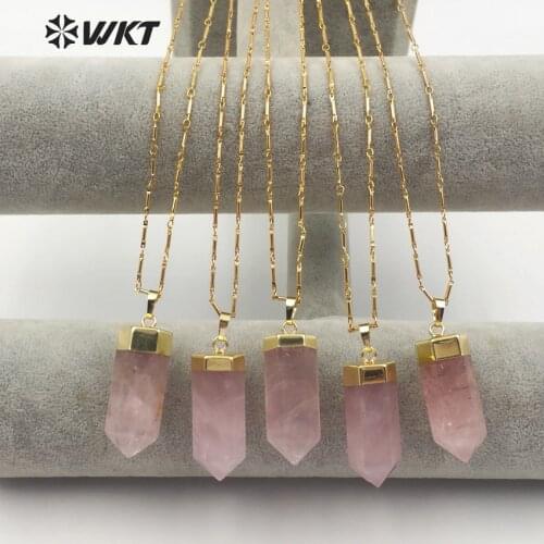 WT-N1144 WKT Natural rose crystal quartz necklace with gold metal capped tower point shape pendant romantic style women gift