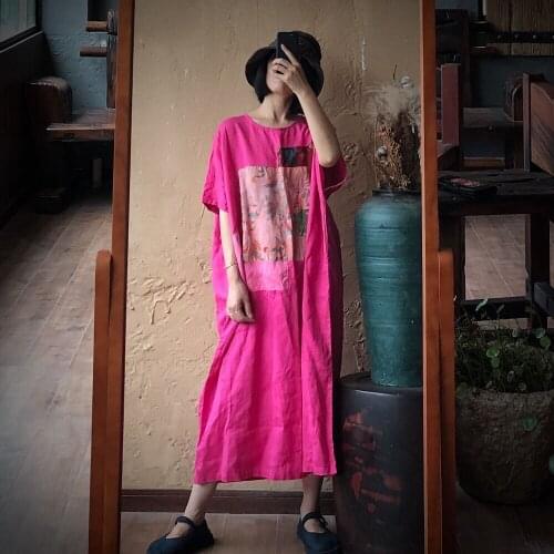 Women Loose Summer Patchwork Linen Robe Dress Ladies Plus Size Spliced Dress Female 2020 Retro Flax Dresses