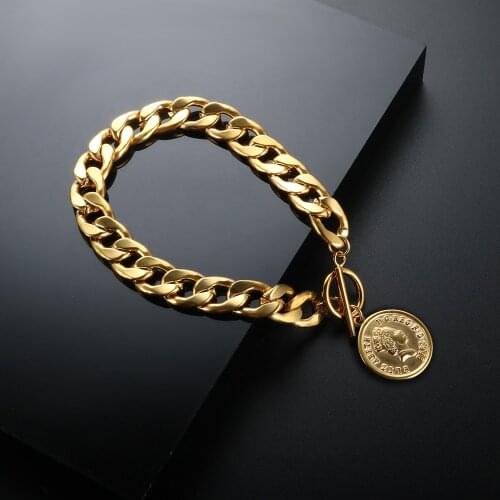 ZMFashion Punk Cuban Link-chains Bracelets Vintage Stainless Steel Gold-plated Women Men Thick Bangles Unisex Wrist Jewelry Gift