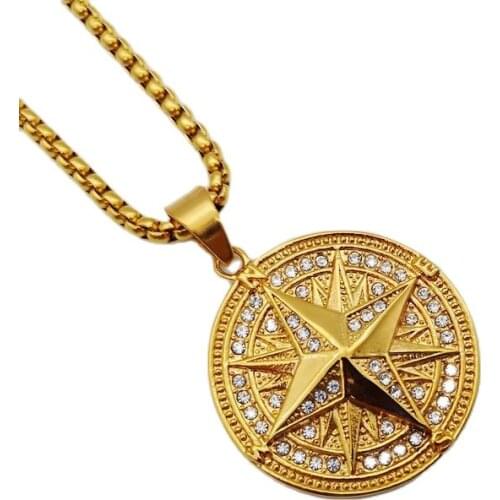Gold color stainless steel rhinestones round compass pendant necklace mens hip hop punk compass necklace fashion BLKN0802