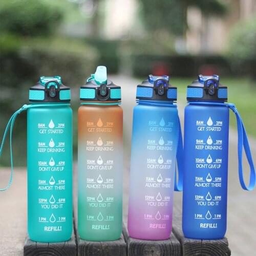 1L Sports Water Bottle With Bounce Cover Time Scale Portable Leakproof Drinkware Plastic Bottle Outdoor Sports Fitness