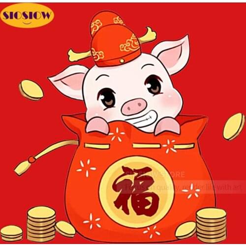 5d Diamond Embroidery Rhinestones Painting Round 3d Diamond Painting Pig Cartoon Chinese Cross Stitch Full Drill Decor Home Room