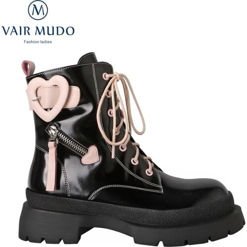 VAIR MUDO Ankle Martin Boots Elegant Fashion Thick Bottom Black Concise Solid Footwear Shoe Women Patent Leather Round ToeDX18L