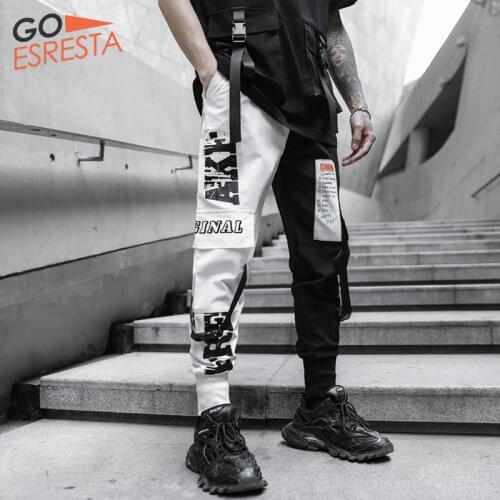 Hip Hop Cargo Pants Men Streetwear Black White Stitching Trousers Casual Harem Joggers Sweatpants Harajuku Tide Mens Clothing