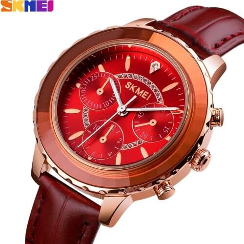 SKMEI Luxury Brand Quartz Womens Watch Fashion Waterproof Clock Female Leather Strap Wristwatch Ladies Gift relogio feminino