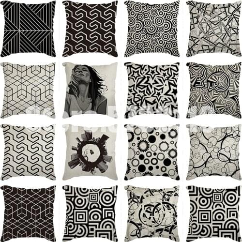 Black Cushion Cover Geometry Letters Print Sofa Pillow Cases Bedroom Home Decor Car Office Decorative Linen Accessories 45x45cm