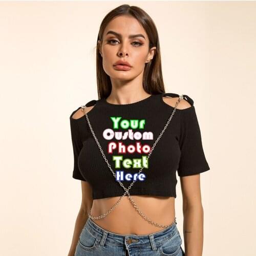 Customize your picture LOGO solid color pit strip sexy hollow chain navel slim T-shirt