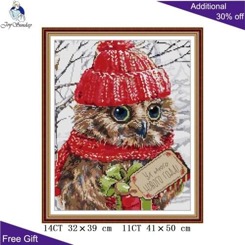 Joy Sunday Christmas Owl DA499 14CT 11CT Counted and Stamped Cute Animal Home Decor Needlework Embroidery Cross Stitch kits