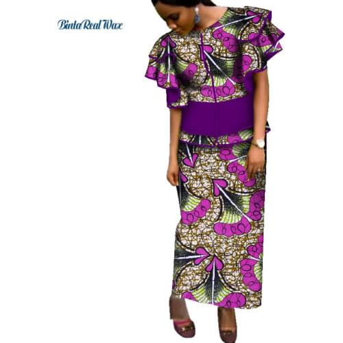 African Ankara Clothes Ruffles Sleeve Top and Skirt Sets for Women Bazin Riche Dashiki 2 Piece Skirt Set African Clothing WY3741