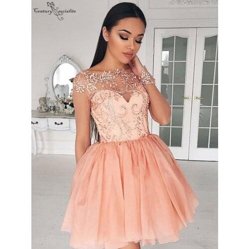 Coral Homecoming Dresses Long Sleeves Lace Appliques Sequins Sheer Scoop Short Cocktail Dress Graduation Gowns Prom Party Gowns