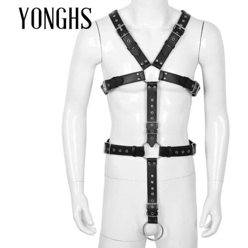 Leather Harness Mens Erotic Lingerie Sex Cosplay Costume Sexy Full Body Chest Harness Groin Strap with O Ring Holes Clubwear