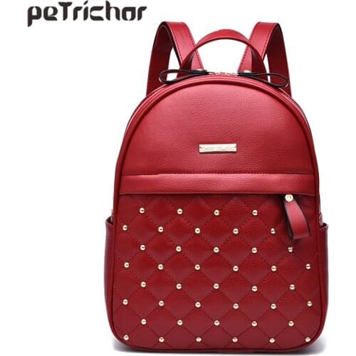 Petrichor Plaid Geometric Rivets Red Backpack Female PU Leather Women Shoulder Bags Girl School Bag Backpack Small Purse Ladies