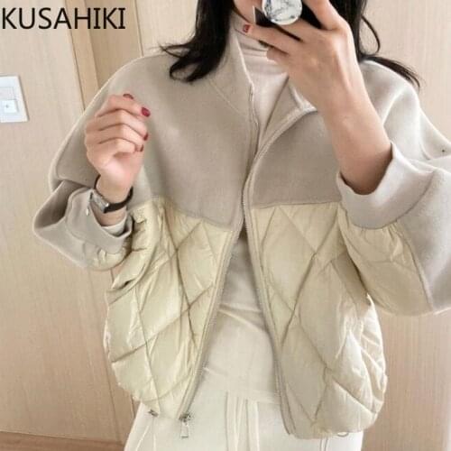 KUSAHIKI Woolen Patchwork Short Coat Autumn Winter Elegant Stand Neck Woman Coat Fashion Long Sleeve Warm Outwear 2021 6L593
