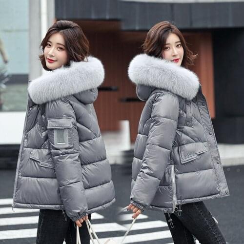 QingWen Winter Women Loose Big Fur Collar Bread Jacket Thickened Bright Face Down Padded Cotton Jacket Warm Coat Parkas Female
