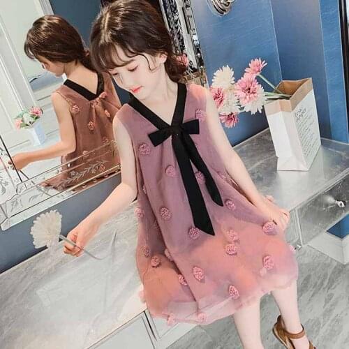 Summer Girls Dress 2021 New Korean Style Applique Bow Little Fairy European American Princess Dress ChildrenS Clothing 4-13
