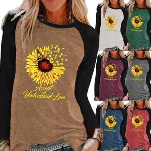 Autumn Fashion Ladies Casual Long Sleeve Shirt Top Sunflowers Print Round Neck Loose T-shirt Pullover Sweatshirt Plus Size