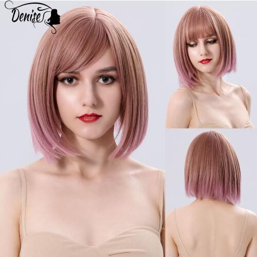 Short Pink Straight Daily Ombre Hair Synthetic Wig For White Women With Bangs Cosplay Nutural Heat Resistant Fiber Bob Wigs
