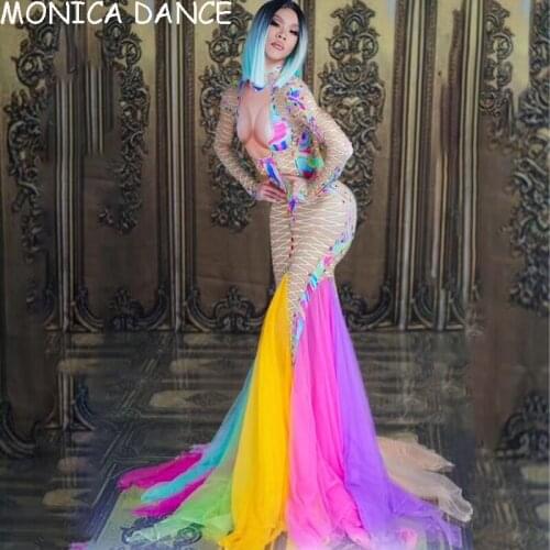 Sexy Dance Costume Tulle Rainbow Fairy Long Sleeve Rhinestone Dress Club Party Birthday Outfits Women Stage Costumes for Singers