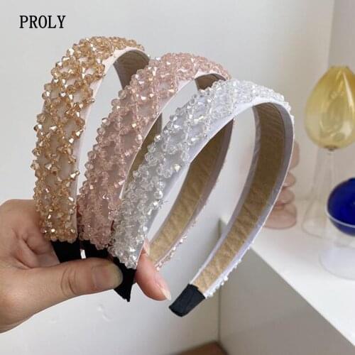 PROLY New Classic Hairband Turban For Women Crystal Beaded Headband Retro Hand-woven Wide Brim Headwear Wholesale