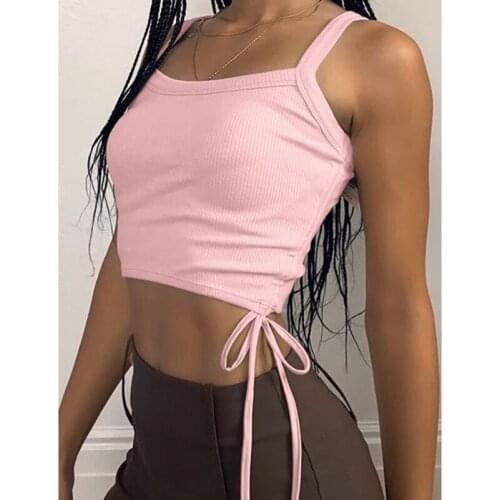 Simple Summer Female Tankk Tops 2021 New Side Drawstring Womens Vest Solid Color Bandage Female Fashion Crop Tops