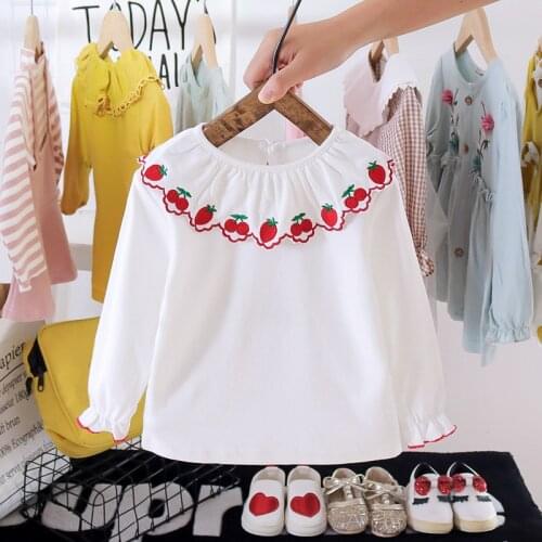 Spring Autumn Girls Bottoming Shirts Infant Girl Cotton Strawberry Embroidery Long Blouse Kid Clothing For Girl