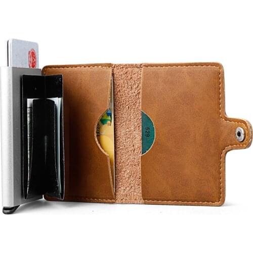 RFID Thin Small Card Holder Men Brand Leather Wallet Slim Money Bag with Metal Case fit for 8 Cards