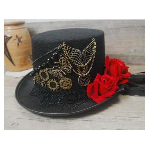Vintage Stunning Unique Steampunk Top Hat Black Gears Lace Veil Rose Wings Chain Hats Party Accessories