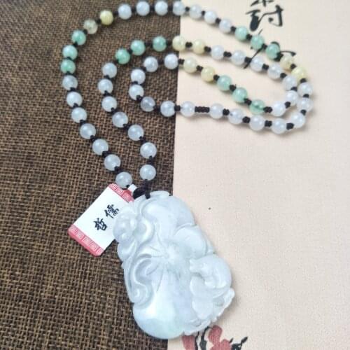 Zhe Ru Jewelry Pure Natural Jadeite Hand-Carved Bat Lotus Leaf Pendant Tri-Color Ice Bottom Jade Bead Chain Send A-Class Certifi