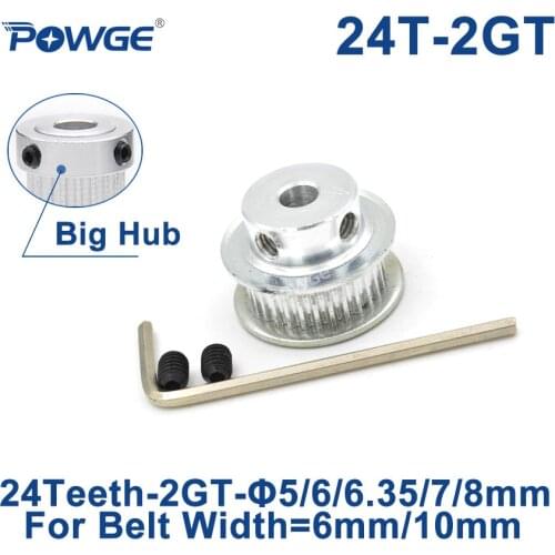 POWGE GT 24 Teeth 2M 2GT Timing Pulley Bore 5/6/6.35/7/8mm for GT2 Open Synchronous belt width 6/10mm small backlash 24Teeth 24T
