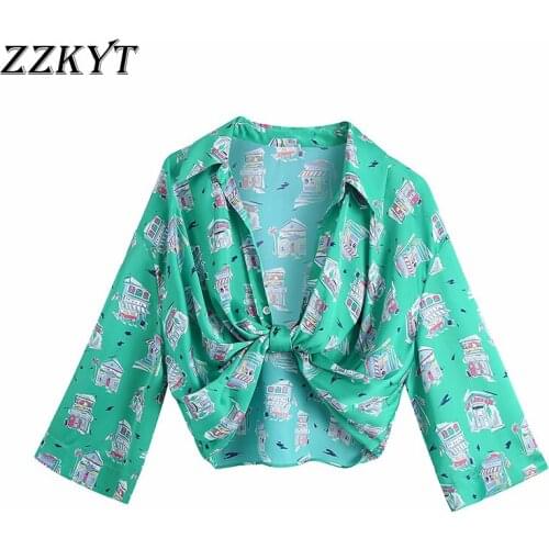 ZZKYT 2021 Women Spring Fashion Print Folds Cropped Blouses Shirt Vintage Lapel Collar Long Sleeve Female Shirts Casual Tops