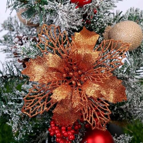 10pcs 11cm Glitter Artifical Christmas Flowers Christmas Tree Decorations For Home Fake Flowers Xmas Ornaments New Year Decor