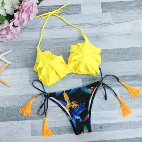 Fashion Solid Color Printing Stitching Beaded Tassel Strap Bikini Four-Layer Lace Quick-Drying Sling High Waist Split Swimsuit