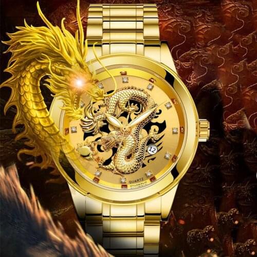 Luxury Dragon Rhinestone Round Dial Luminous Analog Quartz Unisex Pattern Waterproof Male Wristwatch Montre homme Relógio Clock