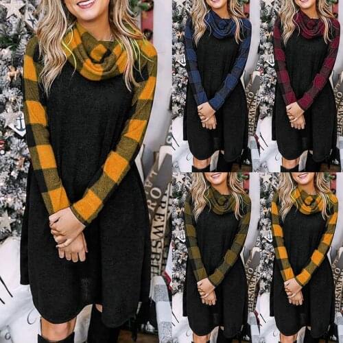 Plaid Women Raglan Long Sleeve Mini Dress Ladies Mock Turtle Neck Sukienka Short Elegant Dress Patchwork Casual Wear Dress Cute