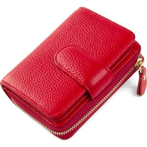 Womens Wallet Cowhide Short Fashion RFID Buckle Wallet Zipper Coin Purse Ladies Card Holder Bag For Woman
