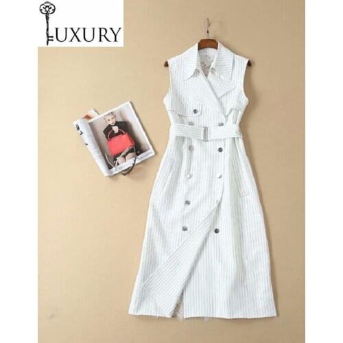 Autumn 2020 Elegant Work Fashion Office Lady Notched Collar Lace Patchwork Double Breasted Sleeveless Striped Print Dress