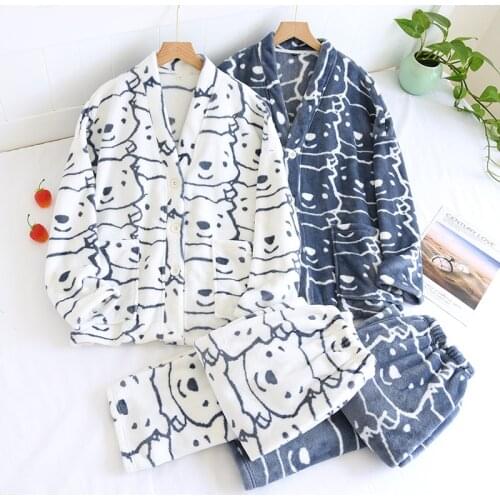 Men/women Pajamas Set Autumn/winter New Thick Flannel Long Sleeve Couple Sleepwear Loose Comfy Warm Two-piece Home Lounge Wear