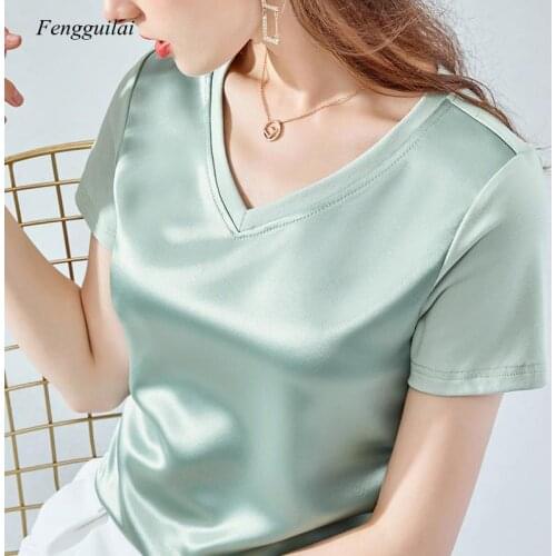Acetic Acid Top Womens 2021 Summer New Popular Korean Loose Stitching Satin V-Neck Short Sleeve T-Shirt