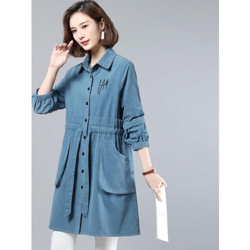 Retro Cotton Corduroy Mid-Length Long Sleeve Shirt Jacket Windbreaker Plus Size Womens Clothing Autumn Korean Slim Coat M029