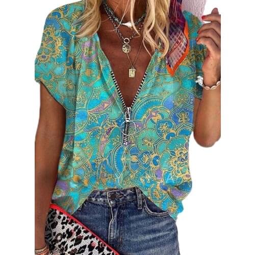 Womens Fashion Loose Casual Floral print short sleeves Vintage Printed Zipper V-neck Plus Size summer shirt tops tshirt