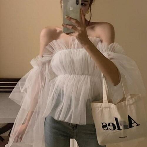 Fashion new Summer shirt Women Sexy Chiffon Off Shoulder Shirts Strapless horn Sleeve Tops shirt Feminine